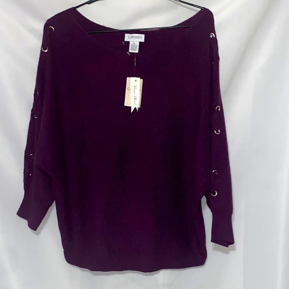 NWT CARMAN MARC VALVO WO SIZE XL EGGPLANT COLOR SWEATER GOLD CRISS CROSS ACCENTS